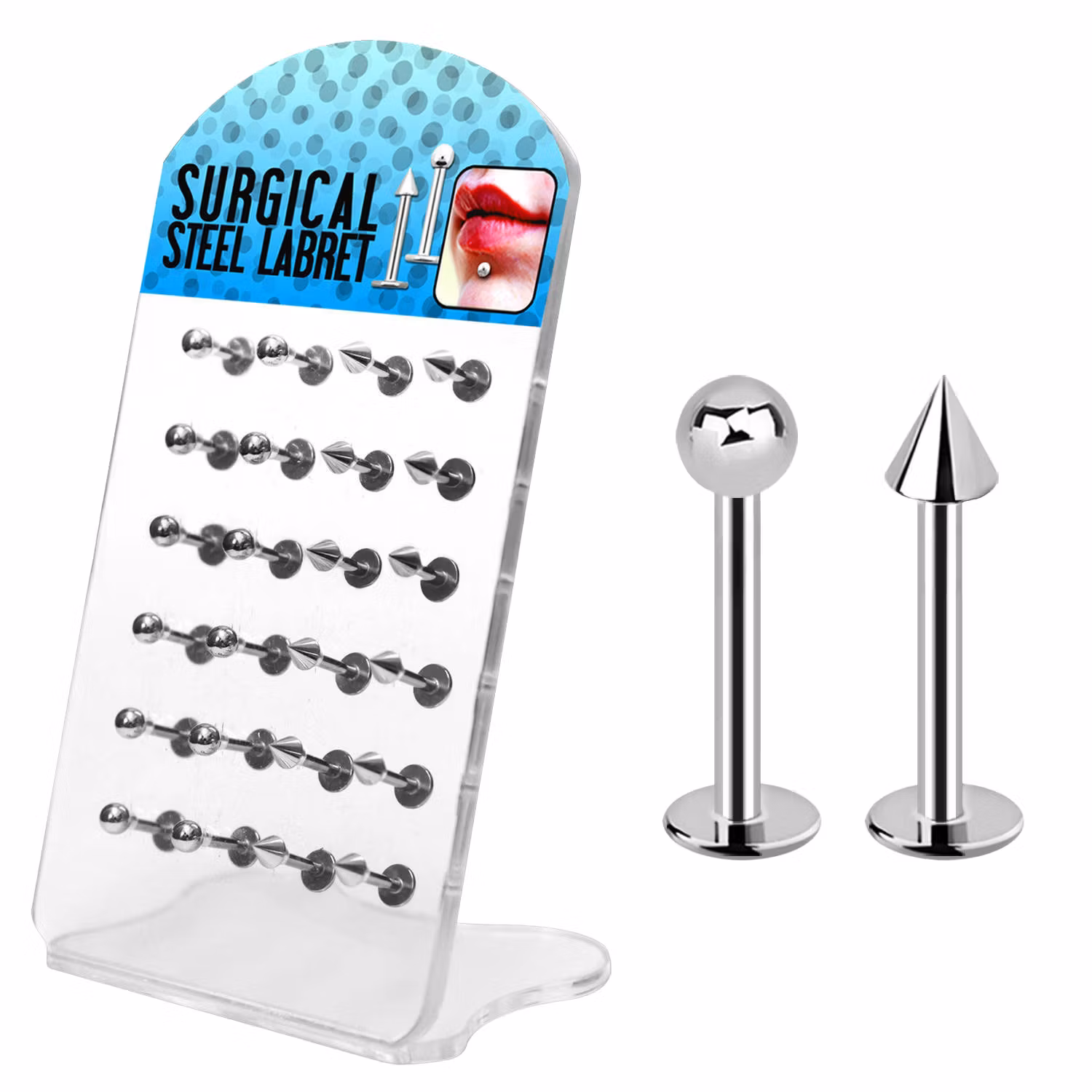 Display med 24st labretter i kirurgiskt stål