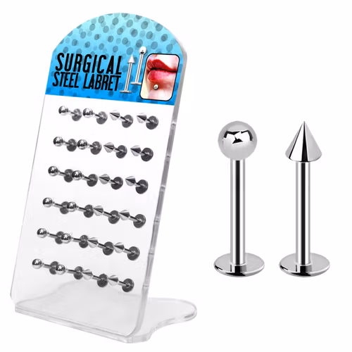 Display med 24st labretter i kirurgiskt stål