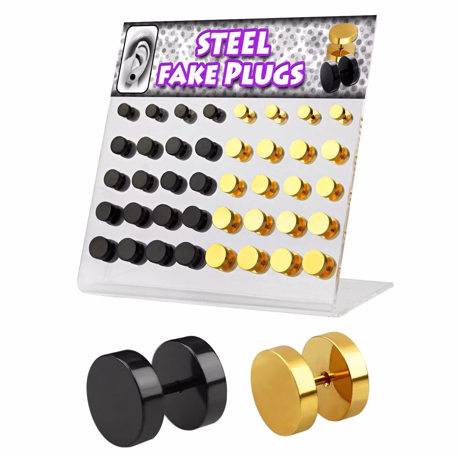 Display med 40st fakepluggar i PVD-pläterad kirurgiskt stål
