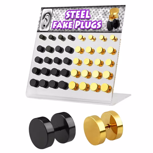 Display med 40st fakepluggar i PVD-pläterad kirurgiskt stål