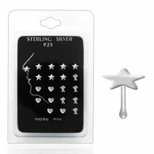 Display med 20st nässmycken i silver - delfin, hjärta och stjärna