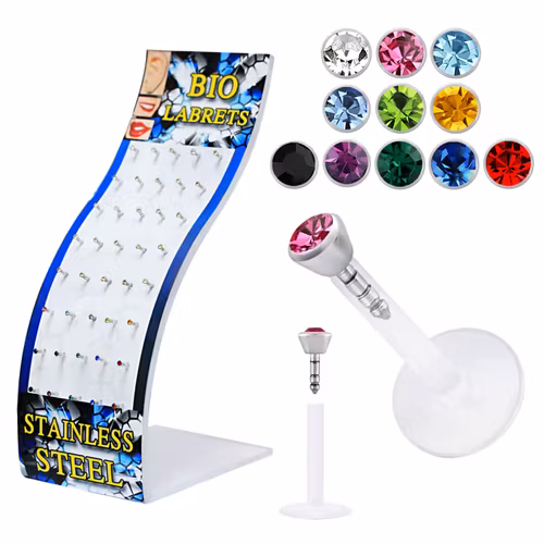 Display med 40st bio-flex labretter med crystaltopp