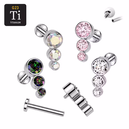 Labret i titanium 1.2mm - Topp med 3st cubic zirconia i olika storlekar