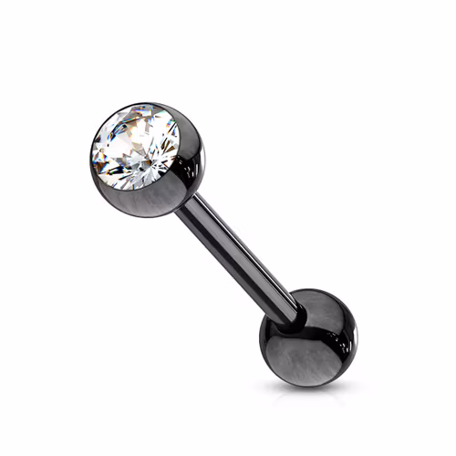 Tragus barbell 1.2mm i svart IP-pläterad kirurgiskt stål med klar crystal