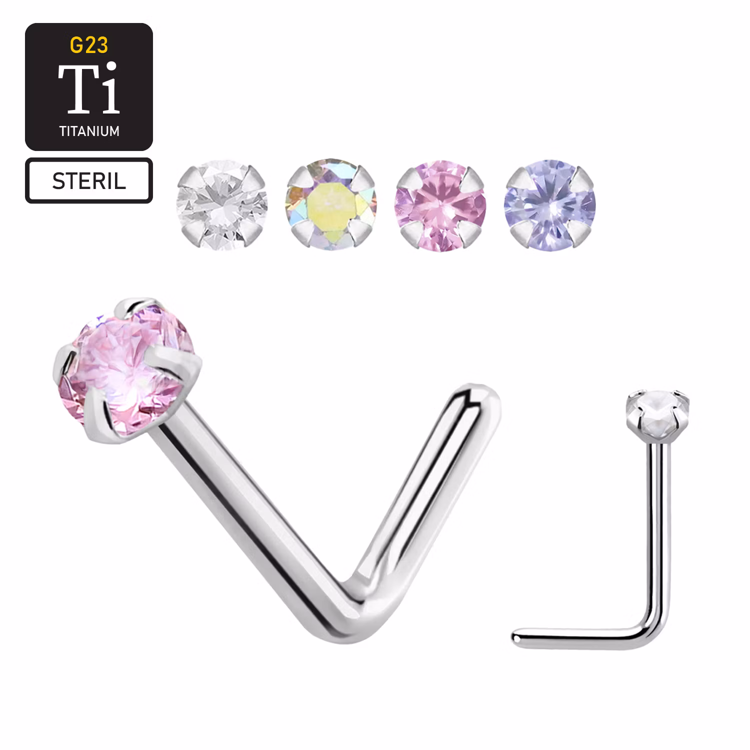 Steril nässmycke / näspiercing 0.8mm i titanium med prong-set 2mm CZ