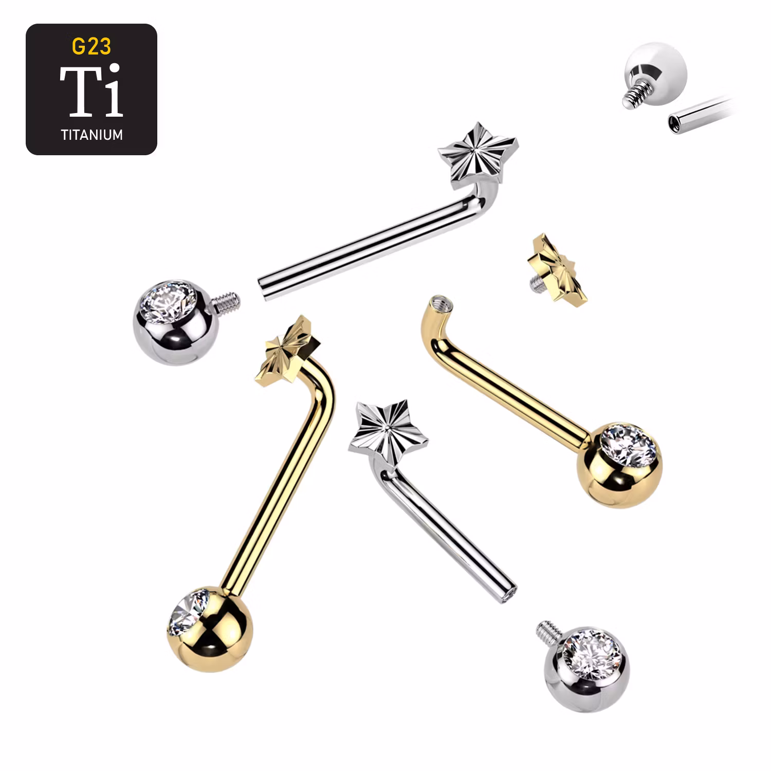 Barbell i titanium för Christina piercing - Invändigt gängad L-böjd med stjärna och kula