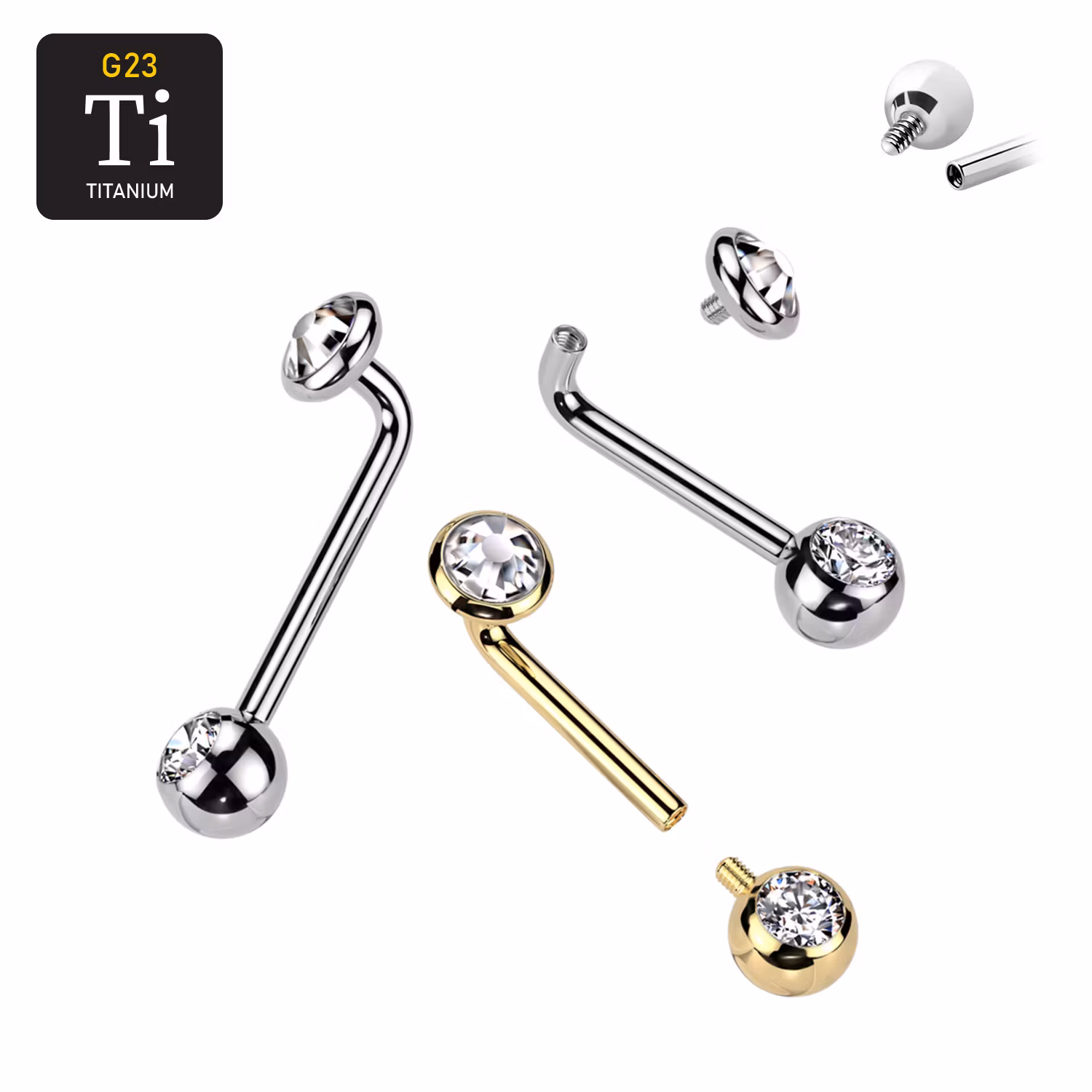 Barbell i titanium för Christina piercing - Invändigt gängad L-böjd med kula och crystal disk