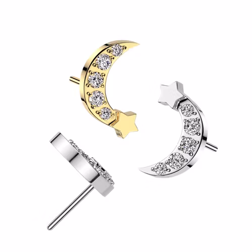 Threadless topp i kirurgiskt stål - Måne / stjärna med cubic zirconia