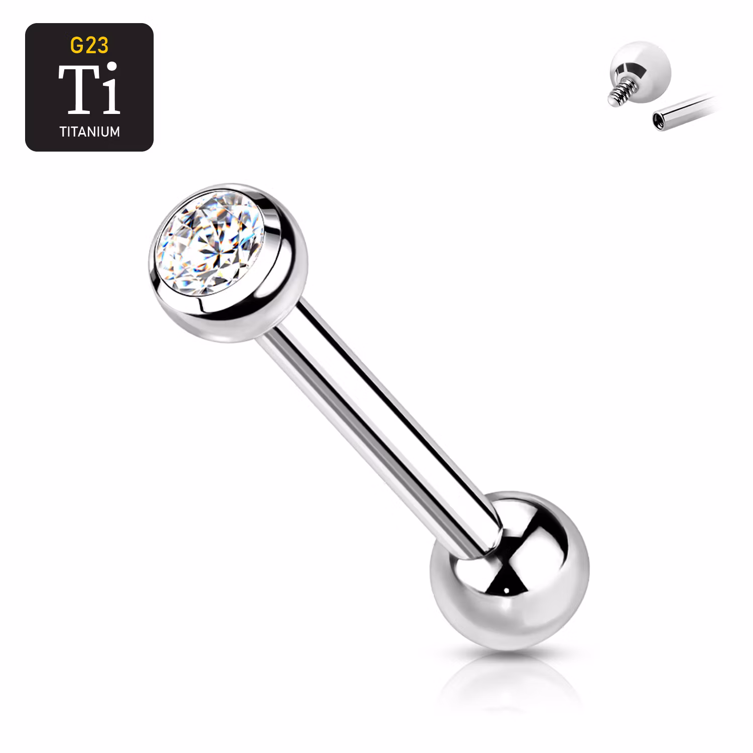 Tragus barbell i titanium 1.2mm invändigt gängad med crystalkula