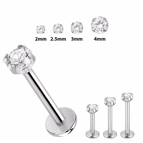 Threadless labret i 316L kirurgiskt stål 1.0mm med push-pin prong-set CZ