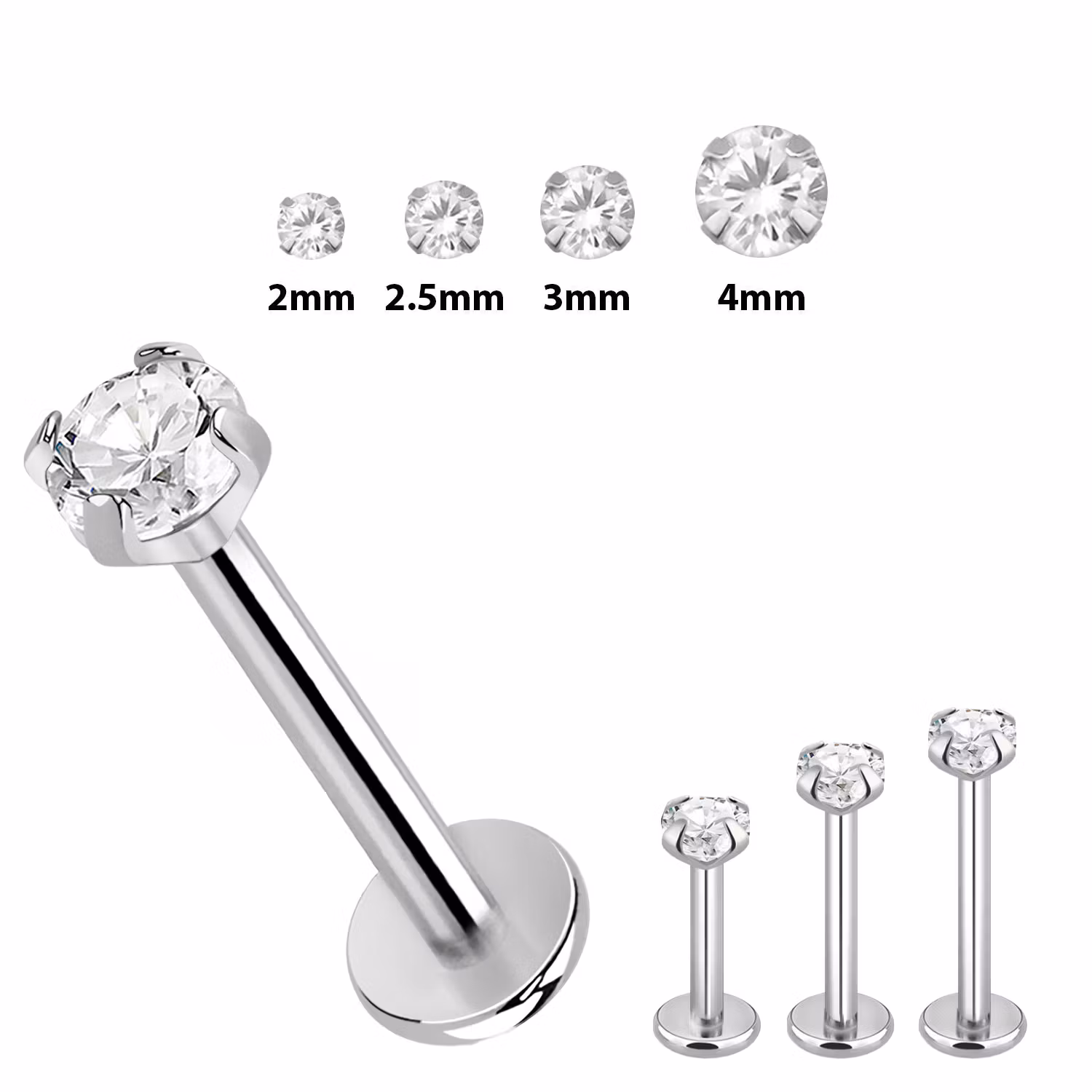 Threadless labret i 316L kirurgiskt stål 1.2mm med push-pin prong-set CZ