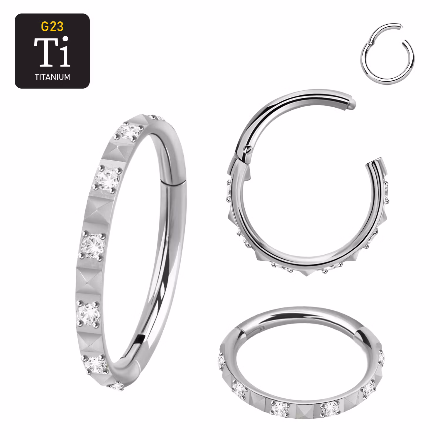 Segmentring 1.2mm i titanium med gångjärn och pyramidslipad front mellan klar cubic zirconia