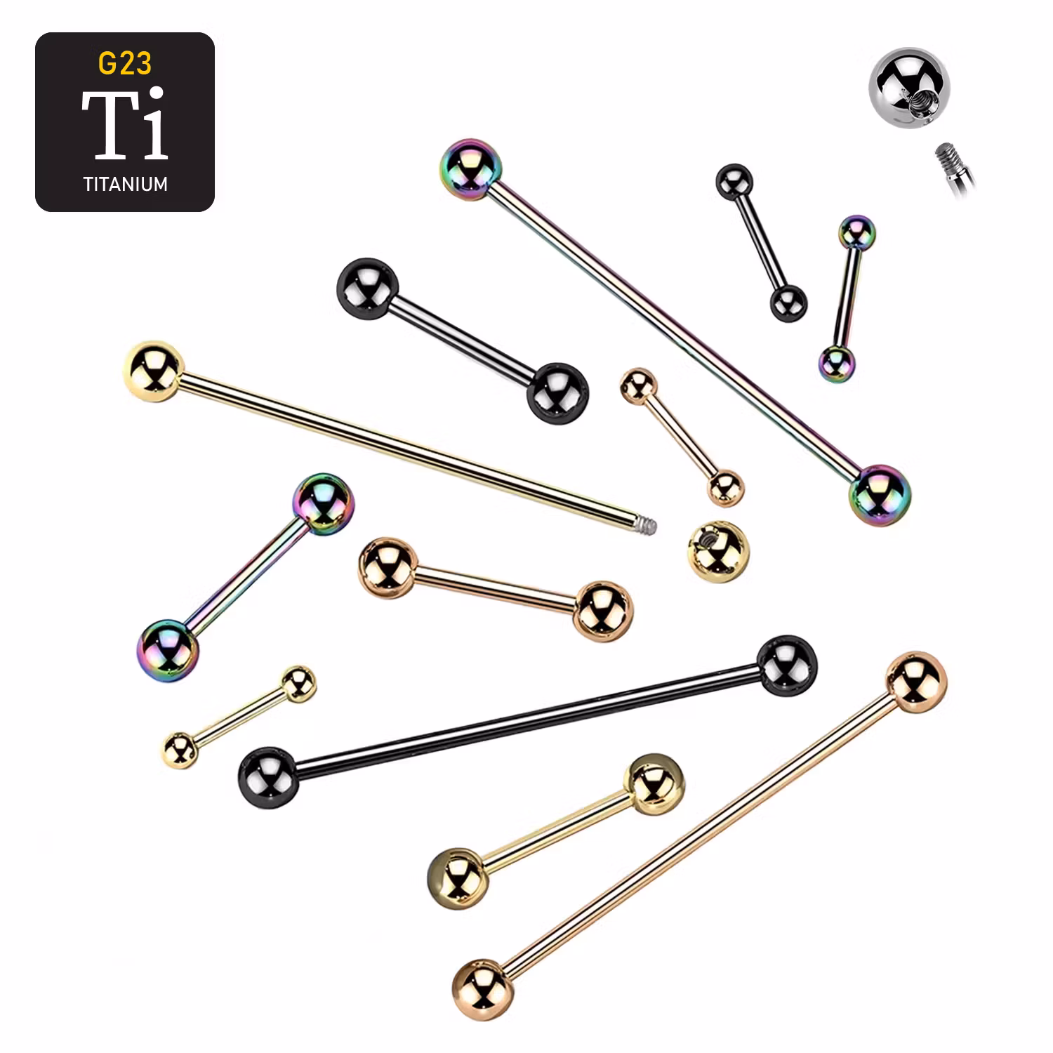 Industrial barbell i PVD-pläterad titanium med 5mm kulor