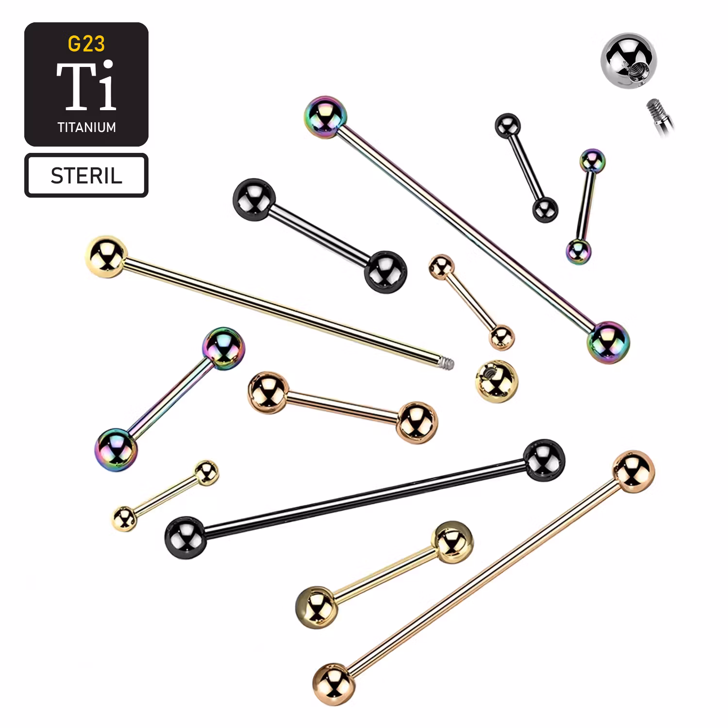 Steril Industrial barbell i PVD-pläterad titanium med 5mm kulor