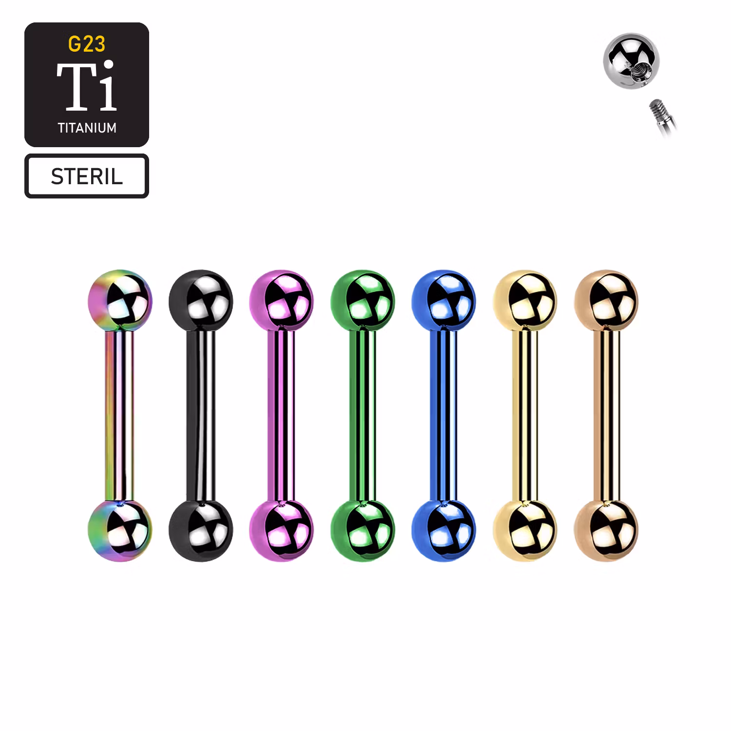 PVD-pläterad barbell i titanium 1.2mm - utvändigt gängad med 3mm kulor