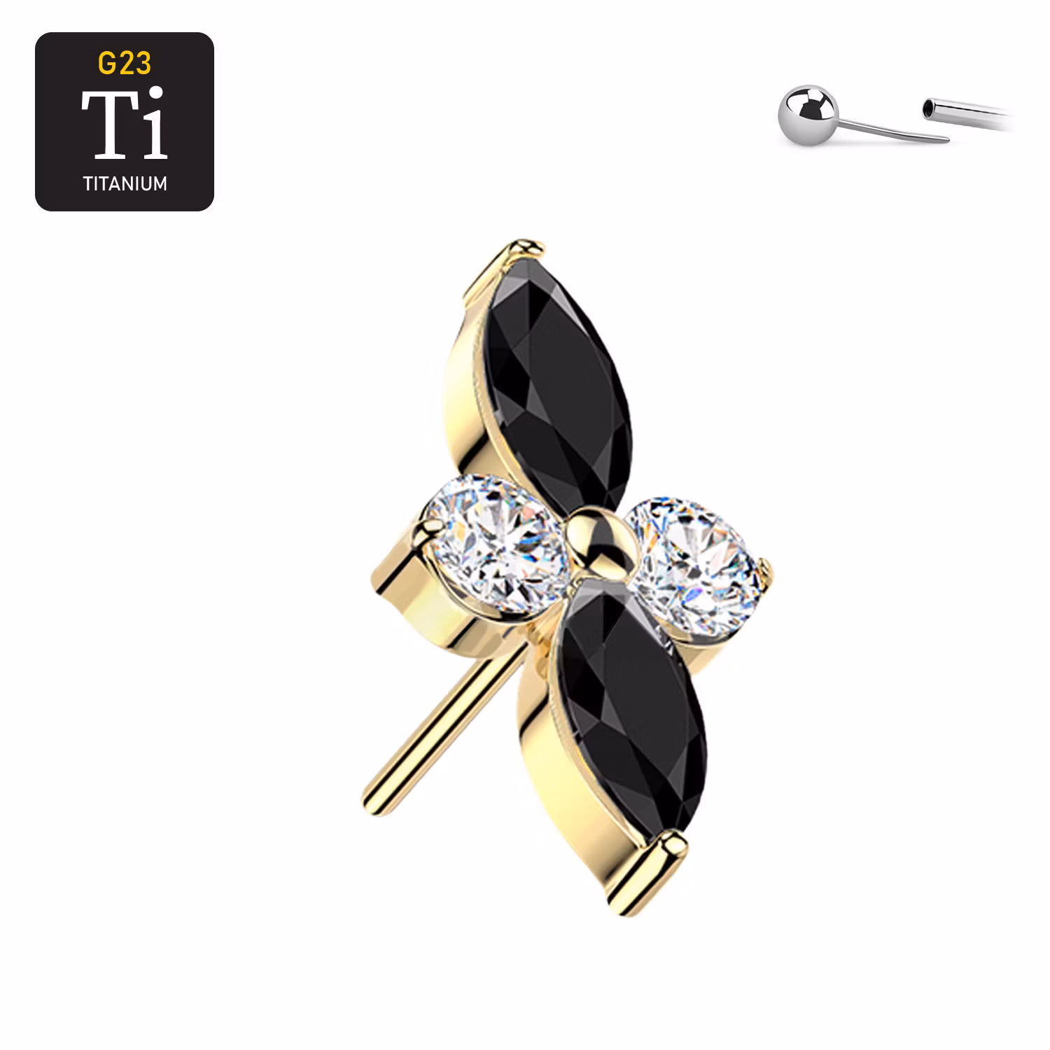 Threadless topp i titanium - Guld PVD med svarta runda och navettslipade CZ