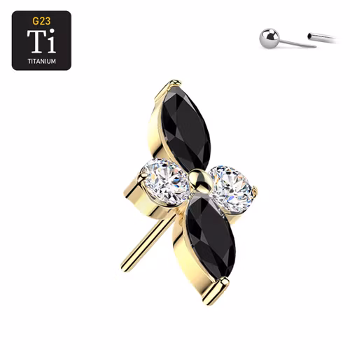 Threadless topp i titanium - Guld PVD med svarta runda och navettslipade CZ