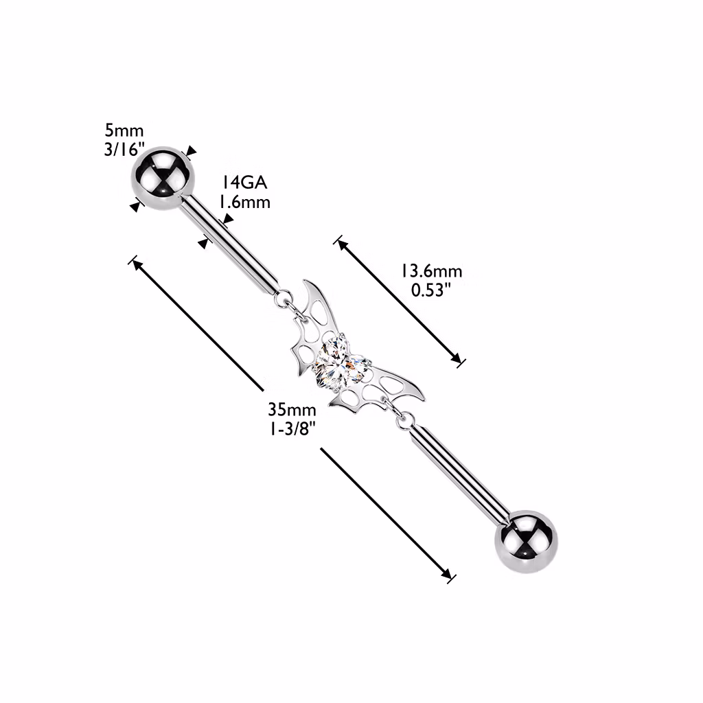 Titanium industrial barbell 1.6mm med länkad fladdermus och cubic zirconia