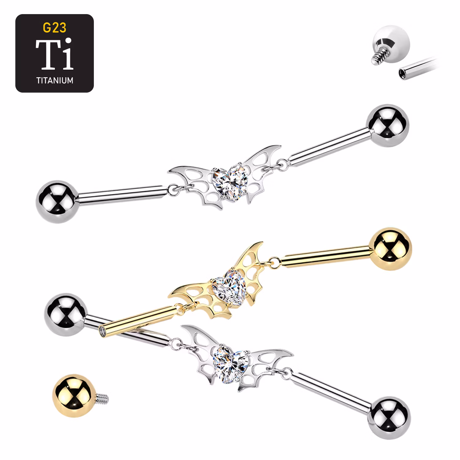 Titanium industrial barbell 1.6mm med länkad fladdermus och cubic zirconia