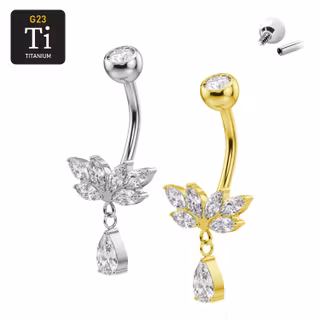 Titanium navelsmycke med 6 navettslipade cz och droppformad cz i hänge och cz på staven