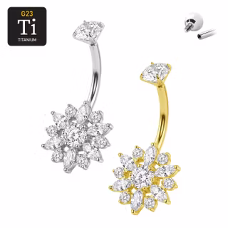 Titanium navelsmycke med blomma och stor rund cubic zirconia i toppen