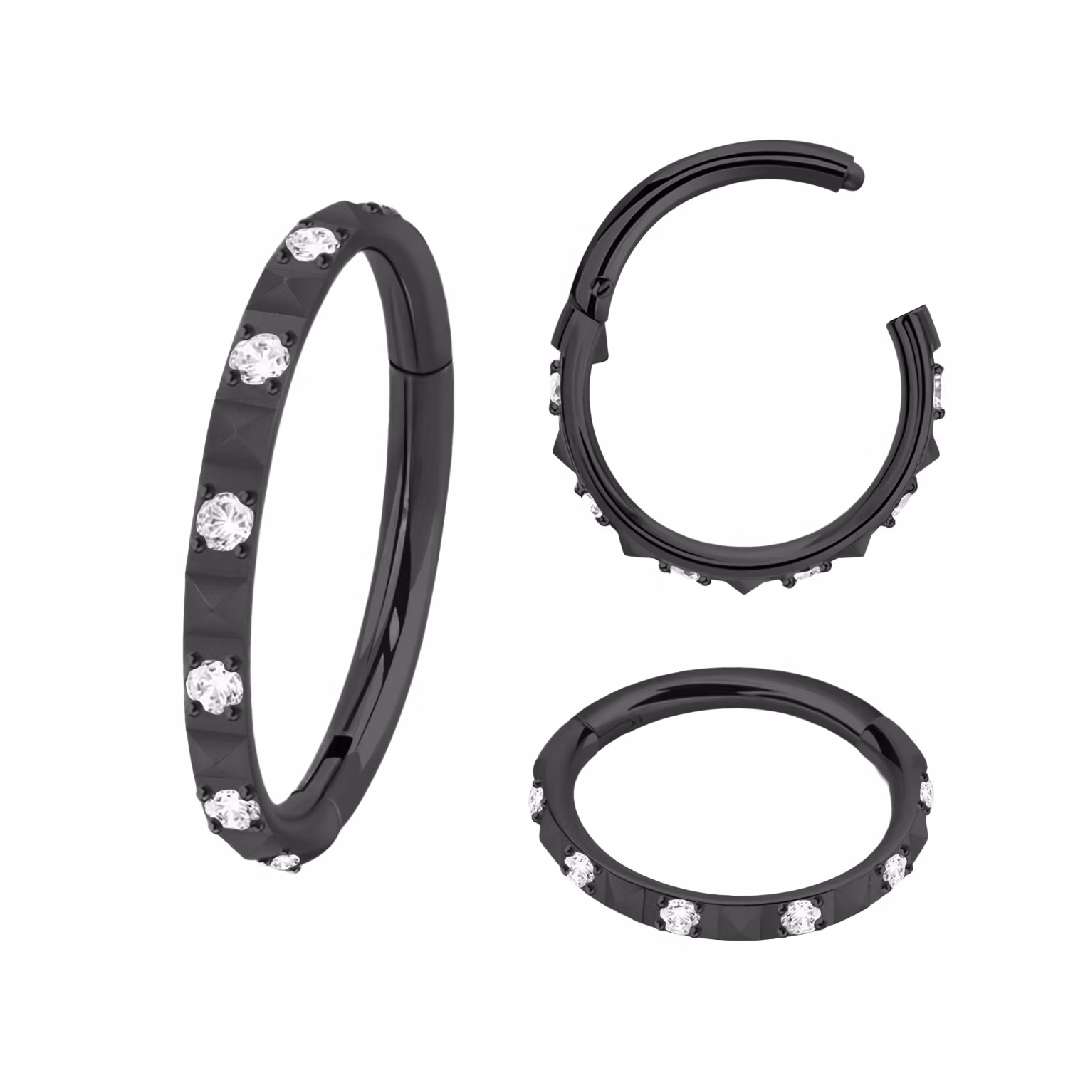 Segmentring 1.2mm i titanium med gångjärn och pyramidslipad front mellan klar cubic zirconia