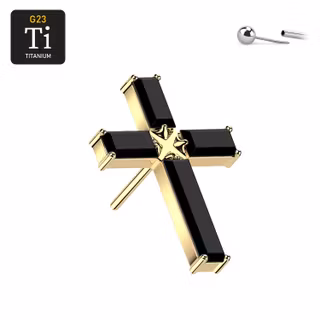Threadless topp i titanium - PVD-pläterat guldkors med svart CZ