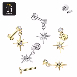 Polstjärna - titanium labret 1.2mm - Gnistrande cz i topp och hänge