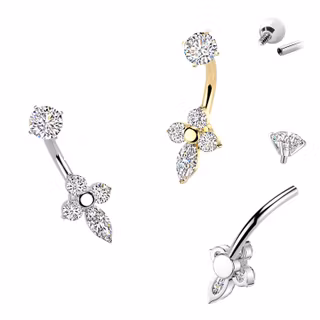 Navelsmycke med CZ i topp och blomsterhänge - 316L Kirurgiskt Stål