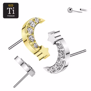 Threadless topp i titanium - Måne / stjärna med cubic zirconia