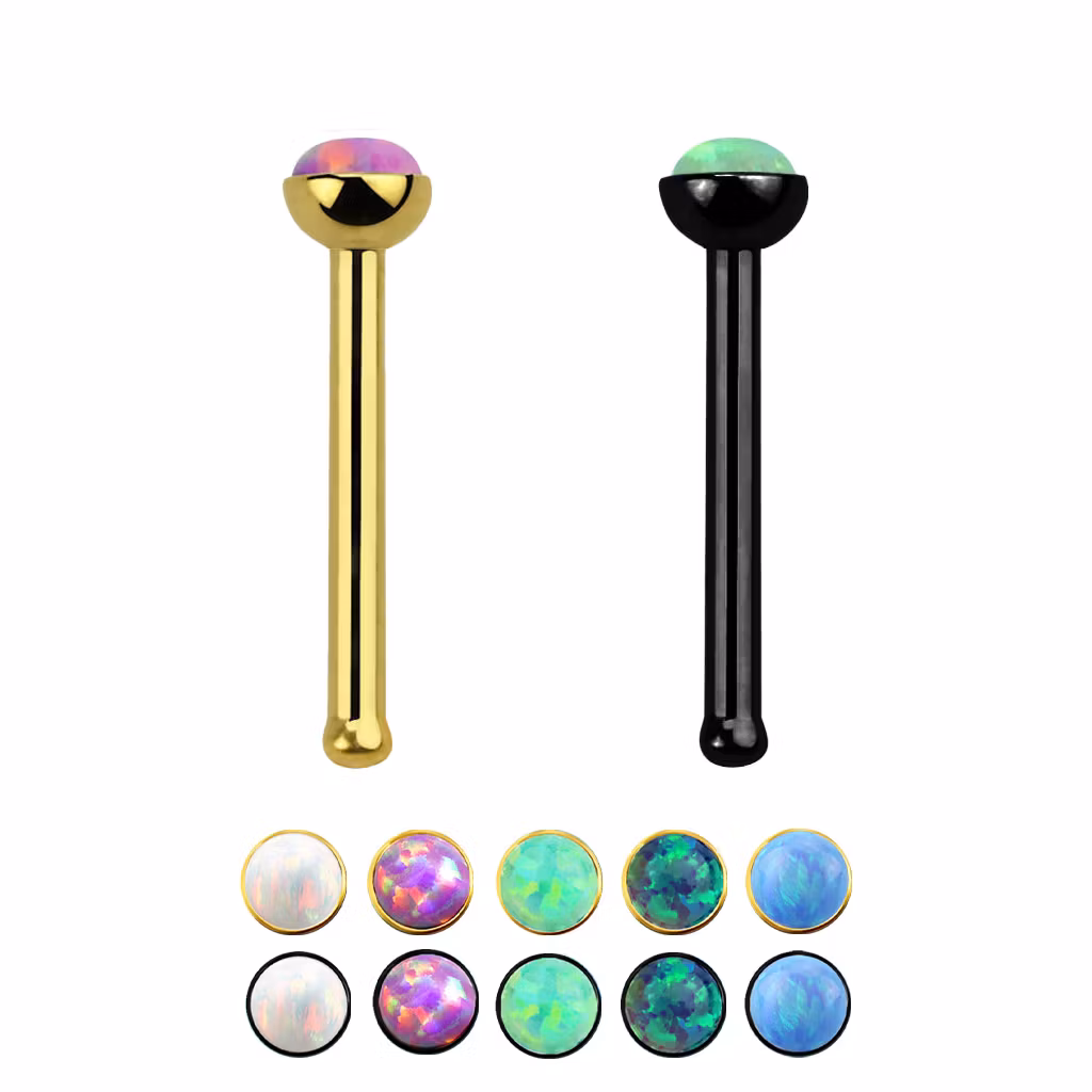 PVD-pläterad Näspin "Nose Bone" 0.8mm med 2mm opalit