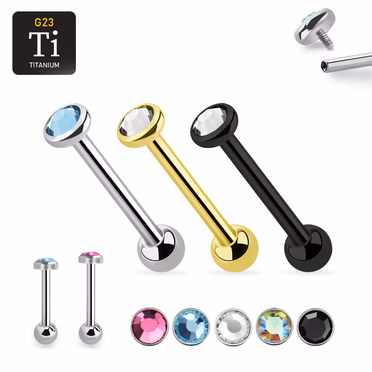 Barbell i titanium - invändigt gängad 1.6mm med 5mm platt crystal topp