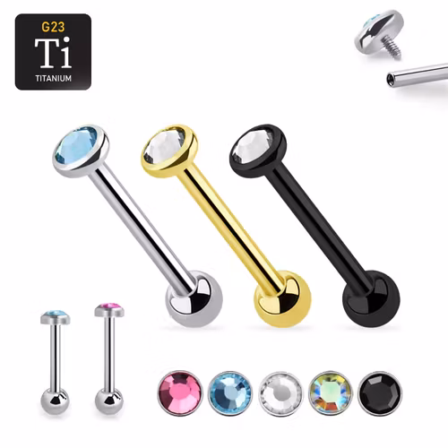Barbell i titanium - invändigt gängad 1.6mm med 5mm platt crystal topp