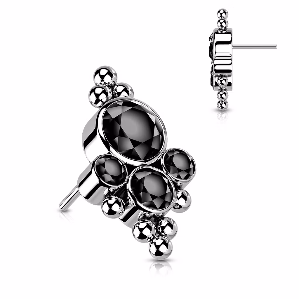 Threadless topp i titanium - Topp med 4st CZ och bollkluster