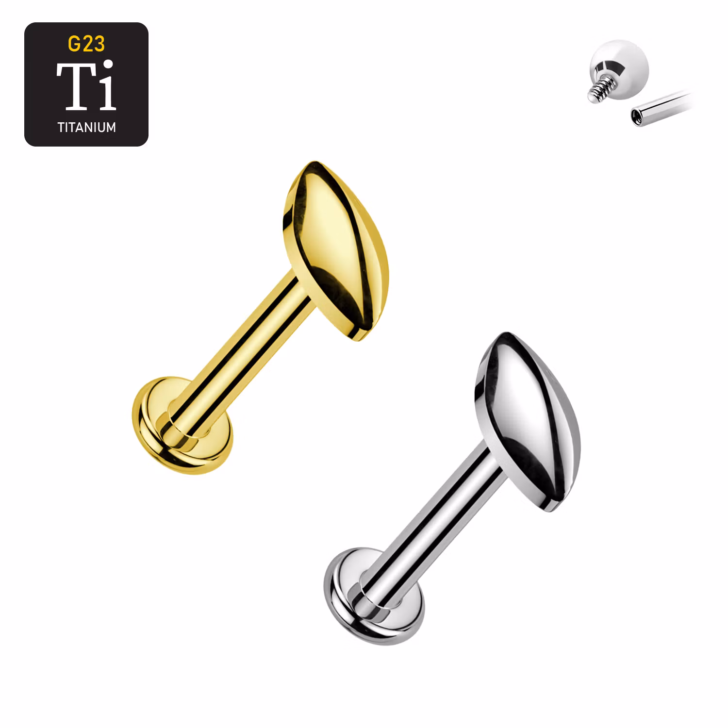 Titanium labret 1.2mm invändigt gängad - Rundad marquiseformad topp