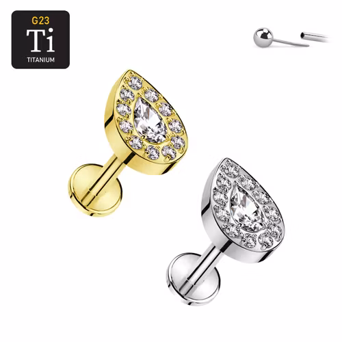 Threadless labret i titanium 1.2mm - Droppformad topp med cubic zirconia