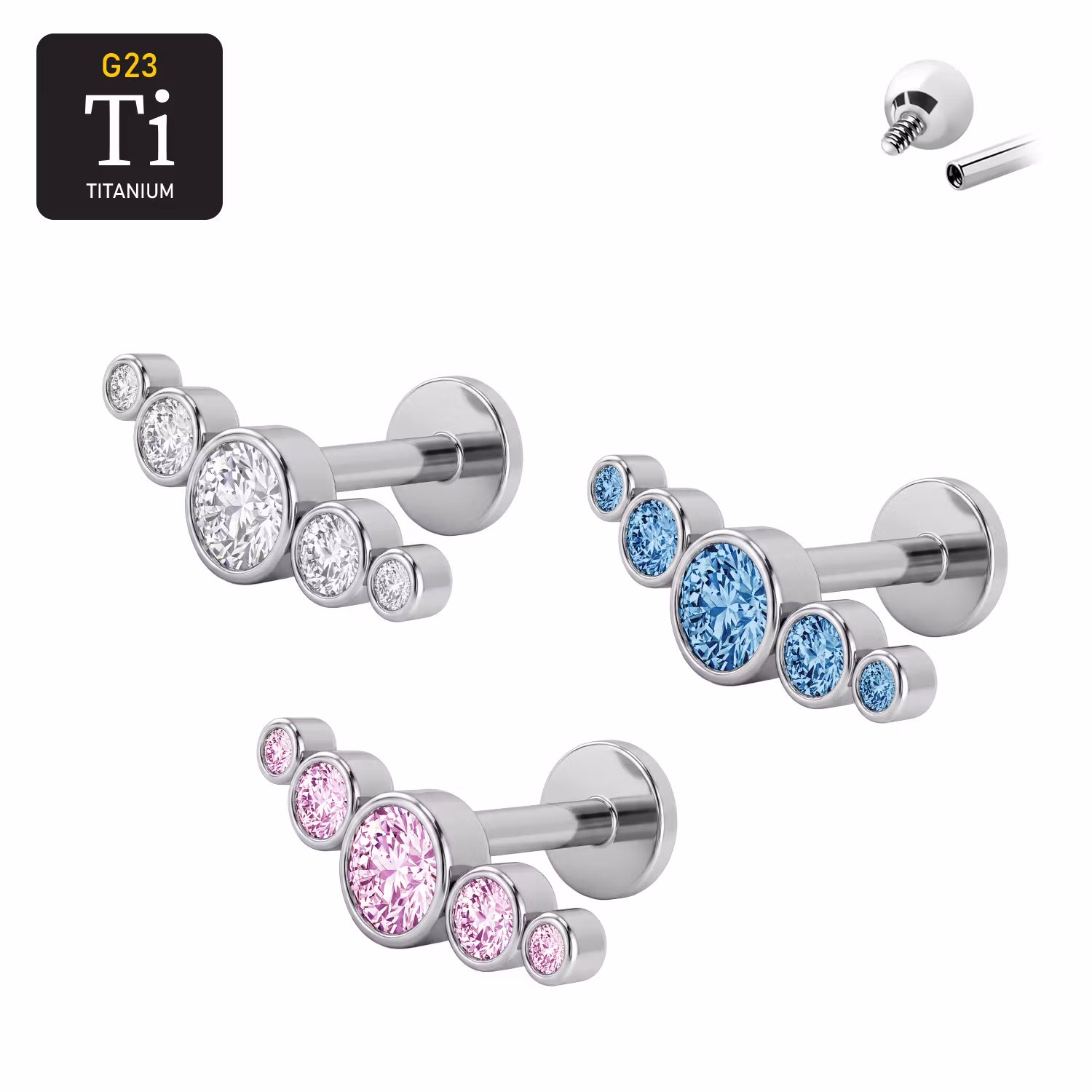 Titanium labret 1.2mm invändigt gängad - topp med fem cubic zirconia