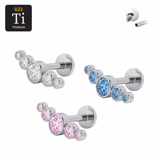 Titanium labret 1.2mm invändigt gängad - topp med fem cubic zirconia