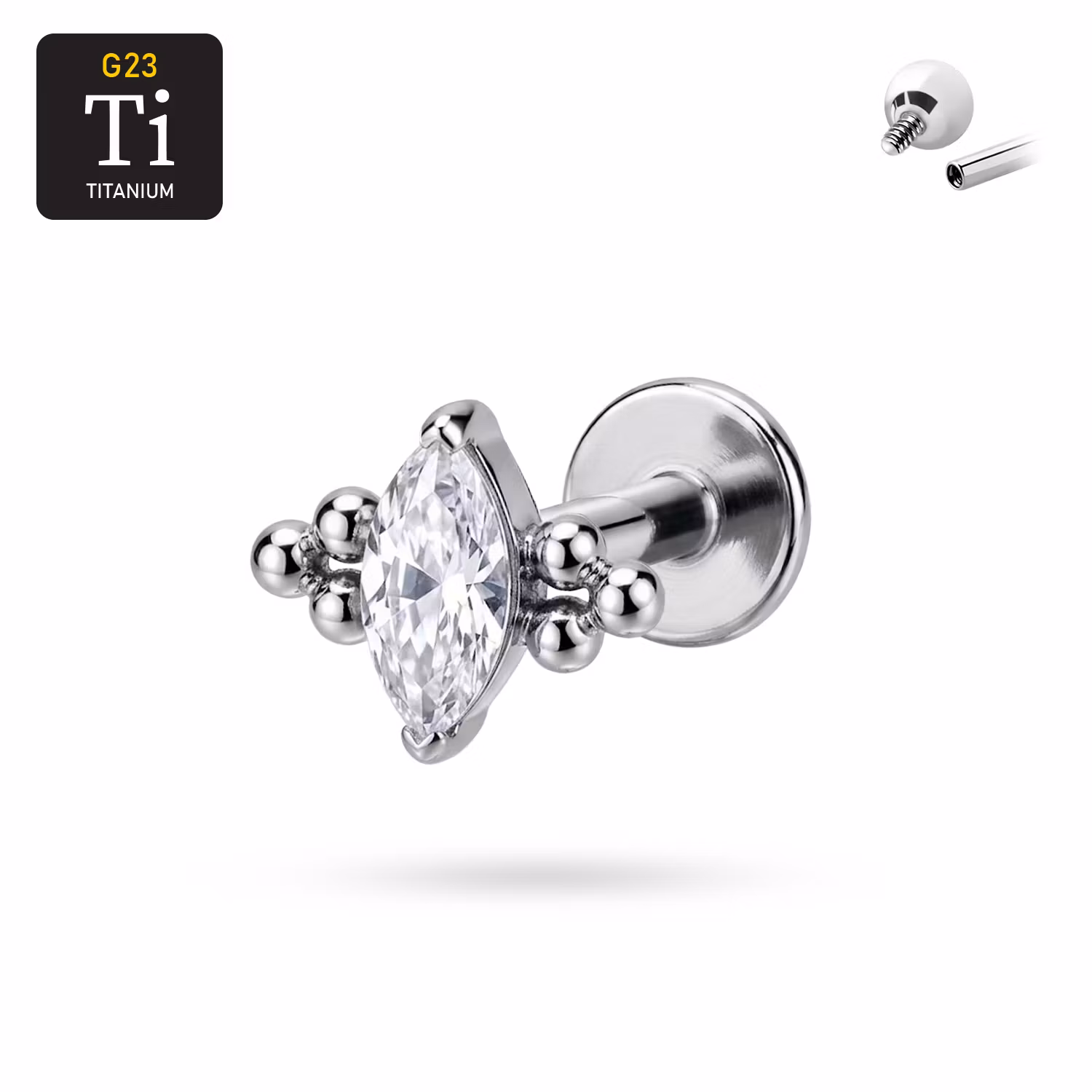 Titanium labret 1.2mm invändigt gängad - topp med navettslipad CZ och bollkluster