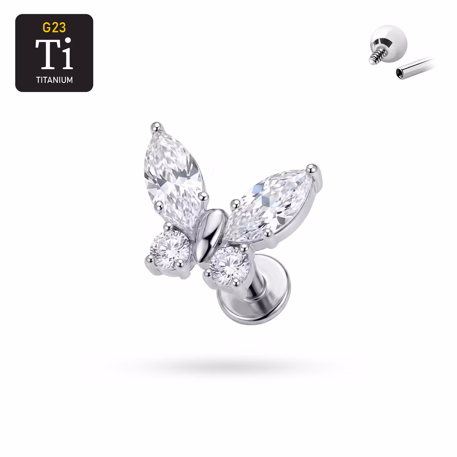 Titanium labret 1.2mm invändigt gängad - Fjäril med CZ