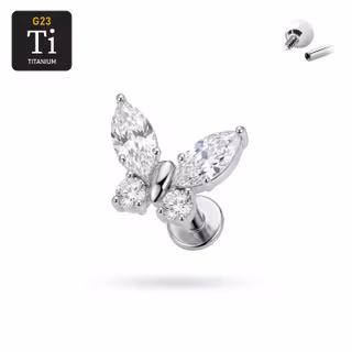 Titanium labret 1.2mm invändigt gängad - Fjäril med CZ