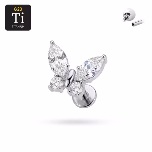 Titanium labret 1.2mm invändigt gängad - Fjäril med CZ