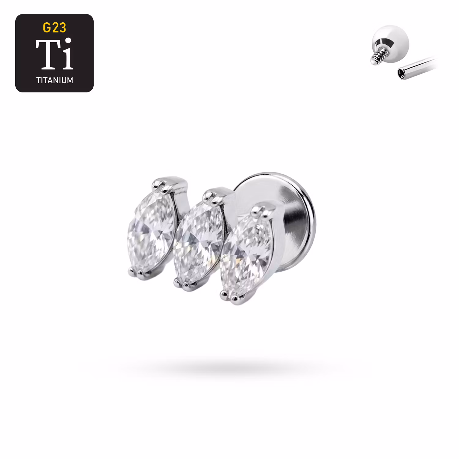 Titanium labret 1.2mm invändigt gängad - Topp med tre snedställda navettslipade CZ