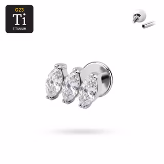 Titanium labret 1.2mm invändigt gängad - Topp med tre snedställda navettslipade CZ