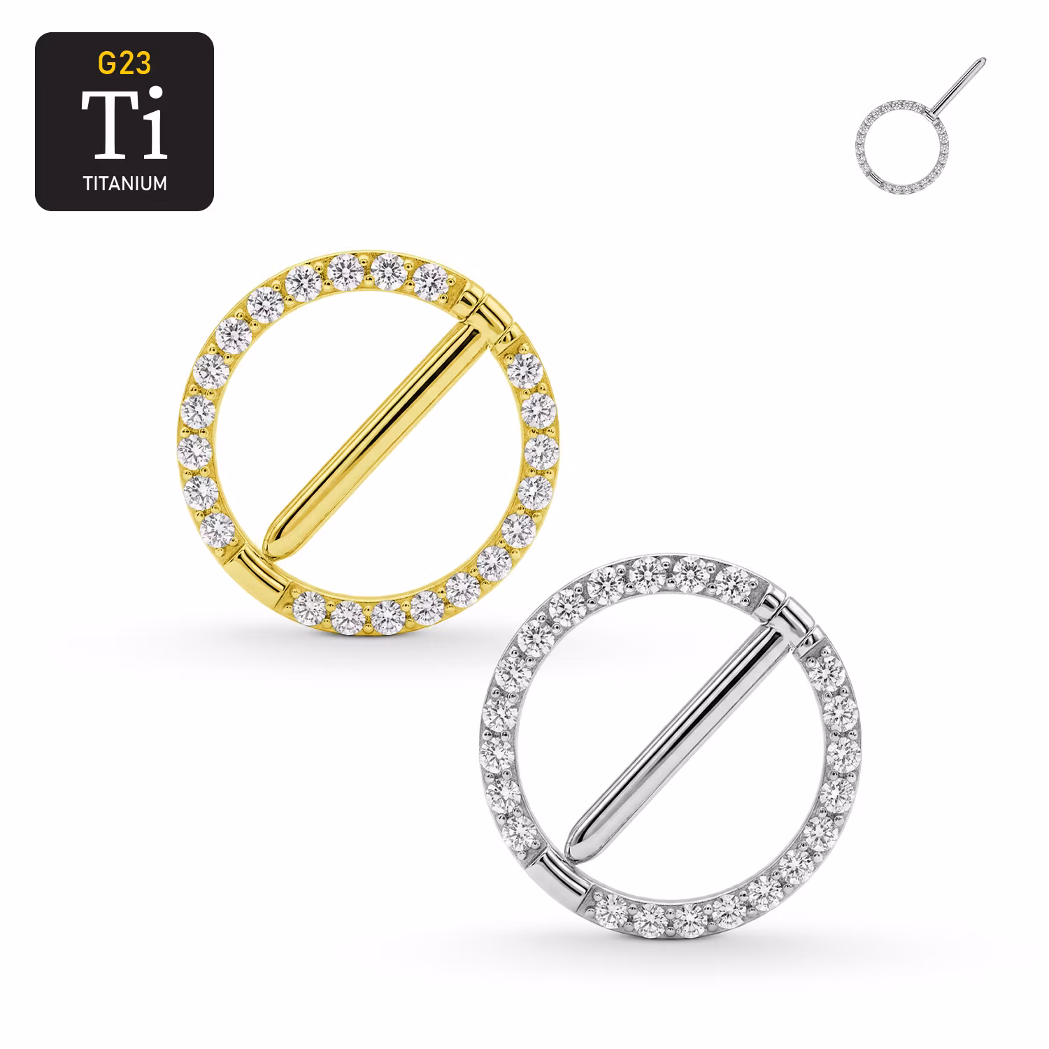 Titanium bröstsmycke - rund nipple clicker med cubic zirconia