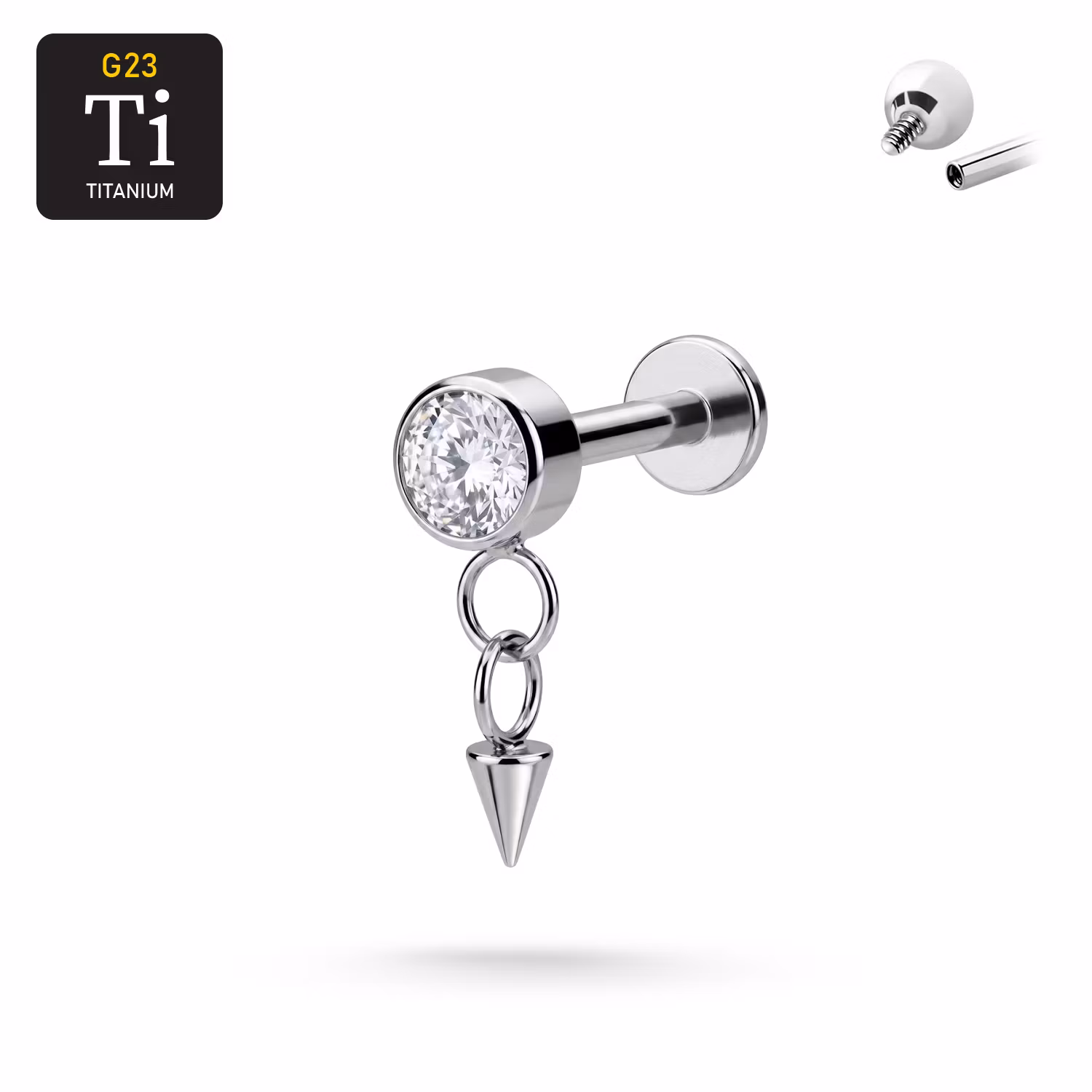 Titanium labret 1.2mm invändigt gängad med cz och hänge med kon