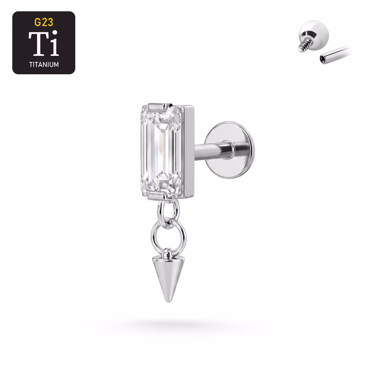 Titanium labret 1.2mm invändigt gängad med rektangulär cz och hänge med kon
