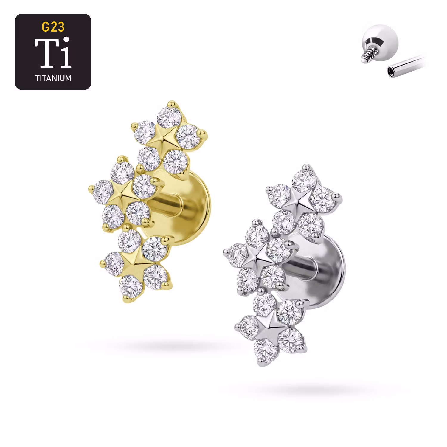 Titanium labret 1.2mm invändigt gängad med tre blommor och CZ