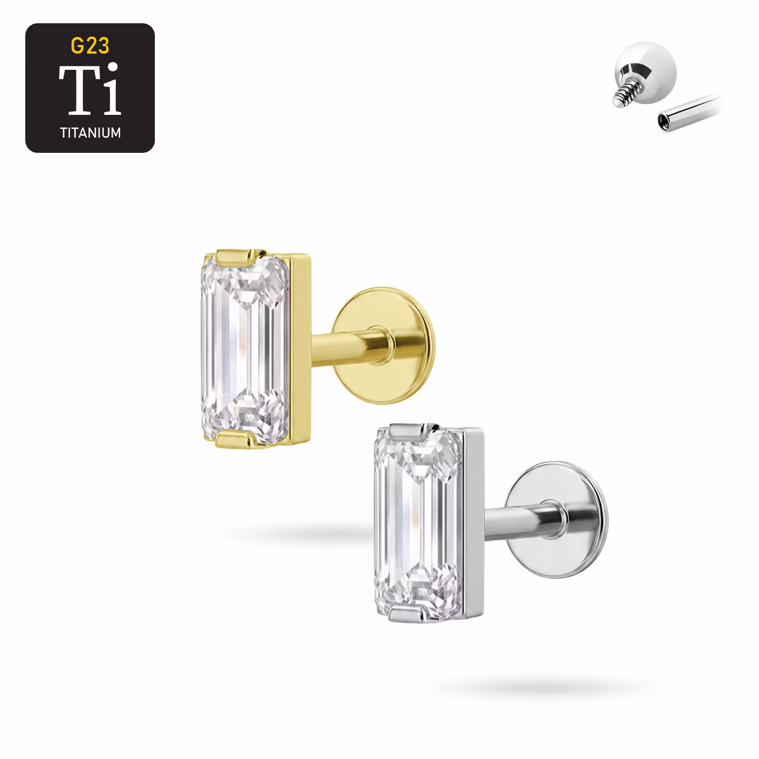 Titanium labret 1.2mm invändigt gängad med rektangulär cz