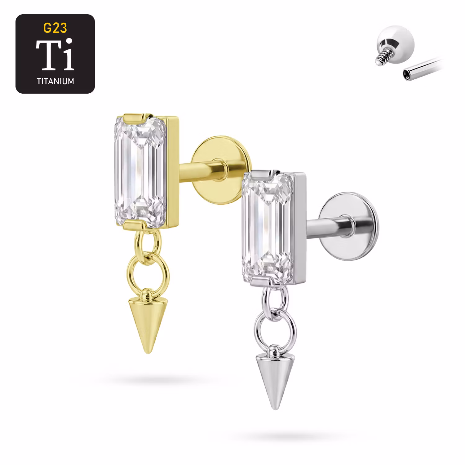 Titanium labret 1.2mm invändigt gängad med rektangulär cz och hänge med kon